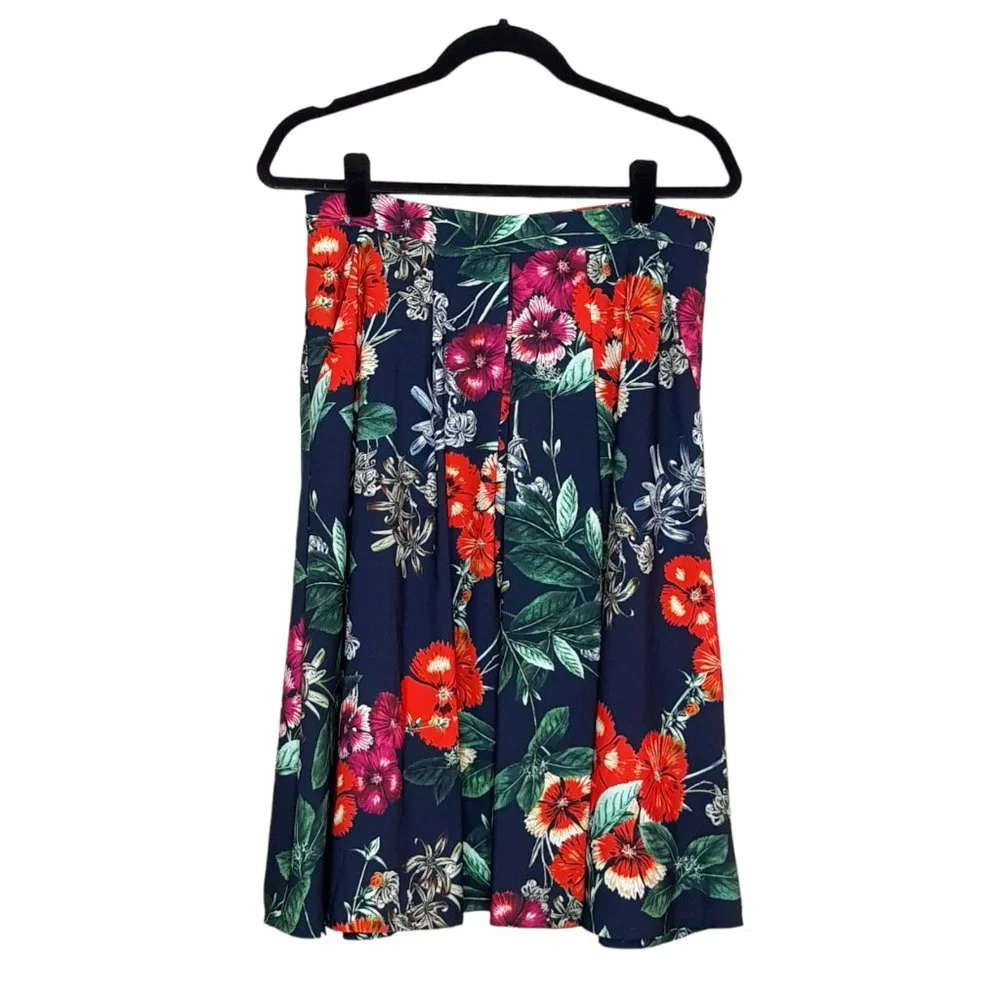 Portmans Size 12 Navy Blue Red Green Pleated Floral Office Picnic Skater Skirt - Picture 1 of 2